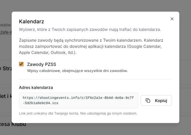 Okno „Kalendarz” w panelu ShootingEvents z wyborem źródeł i przyciskiem „Kopiuj” przy adresie kalendarza